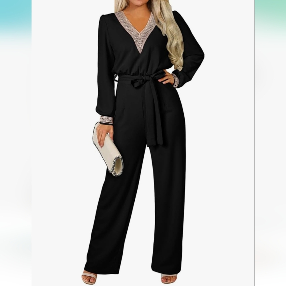 Elegant Black Jumpsuit with Lace Trim, XL